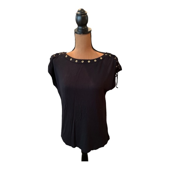 Carmen Marc Valvo Black Boat Neck with Rivets Top Size Medium  #B105 - Picture 1 of 3